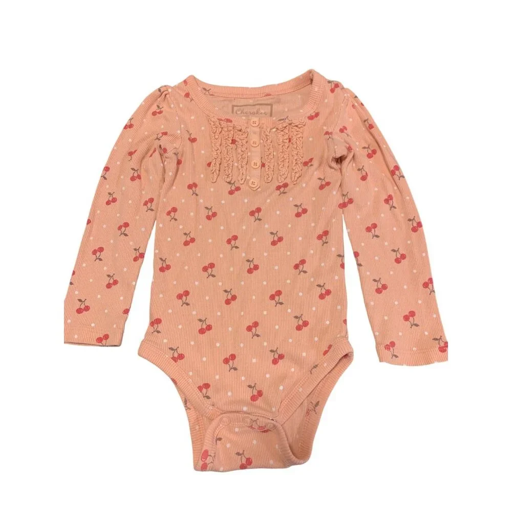 Cherokee 24M Peach Cherry Print‎ Henley Bodysuit Button Ruffle